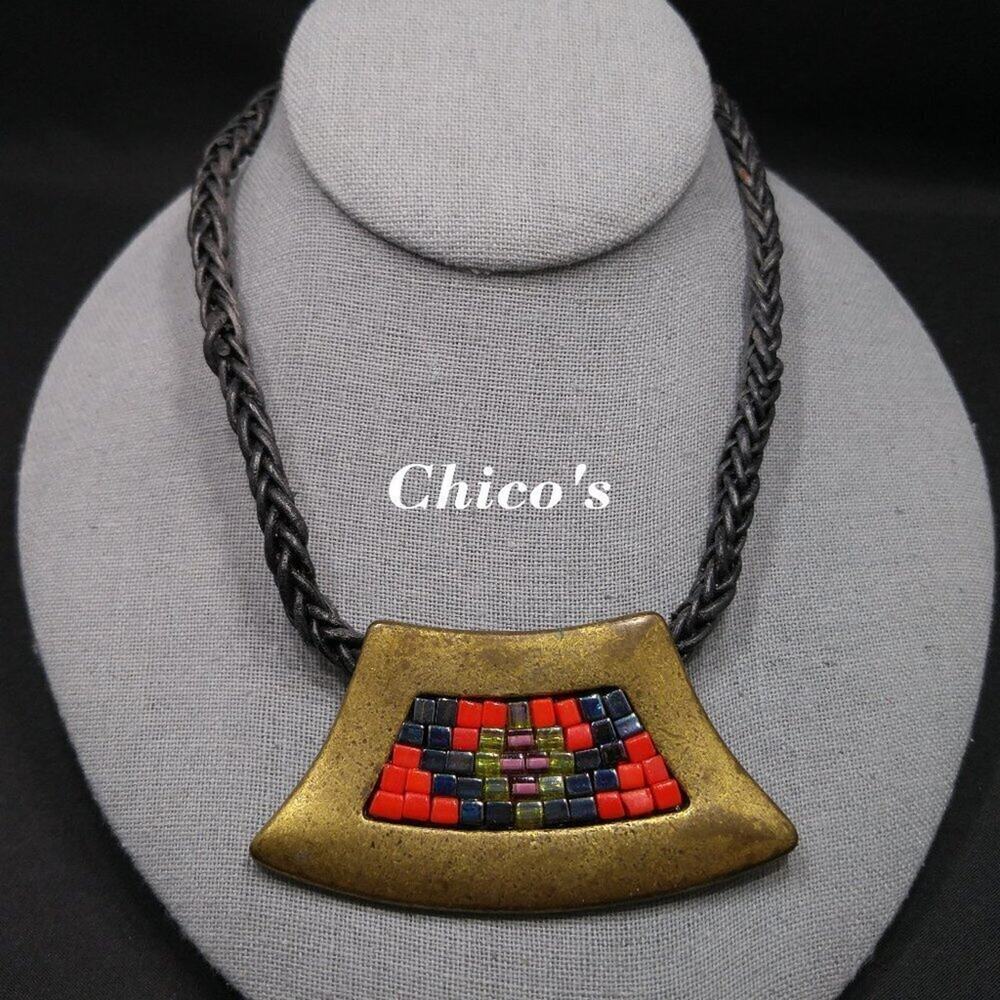Chico's Vintage Beaded Pendant Necklace Braided Leather Cord, 20 Inches